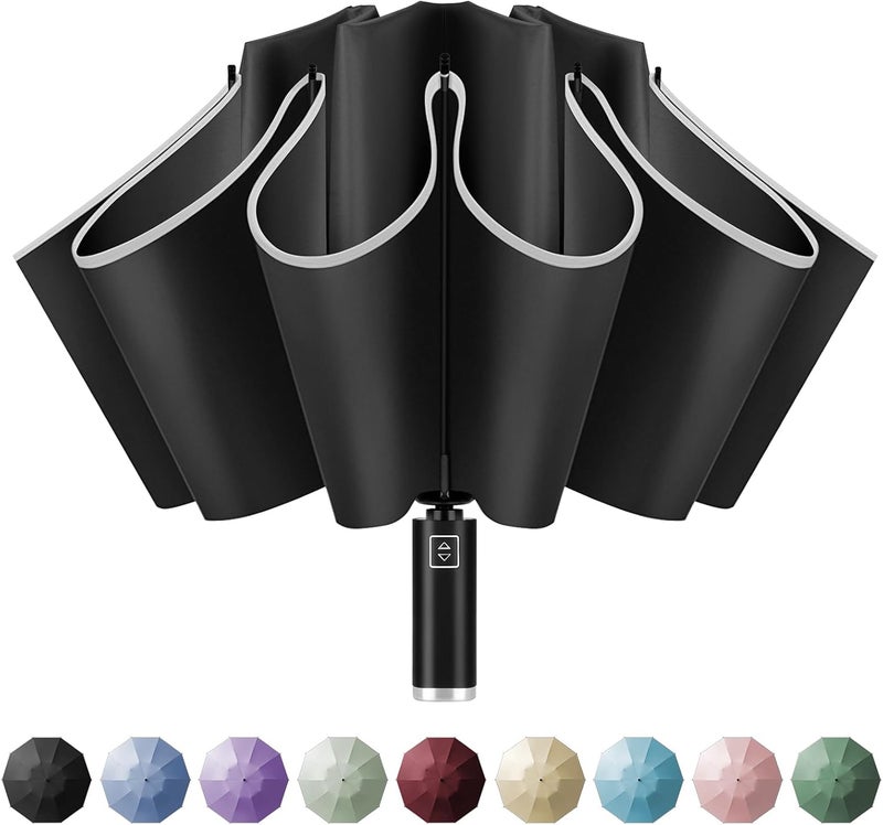 Yoobure Inverted Windproof Travel Umbrella - Automatic Umbrellas for Rain, Compact Folding with Reflective Stripe, Portable Large for Backpack, Lightweight with Sun UV Protection - Image 1